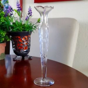Bud vase tall glass etched with flowers Vintage